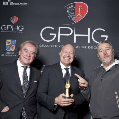 Michele Sofisti, CEO of Girard-Perregaux, winner of the « Aiguille d’Or » 2013, with Philippe Starck and Jean-Michel Wilmotte, jury members 2013