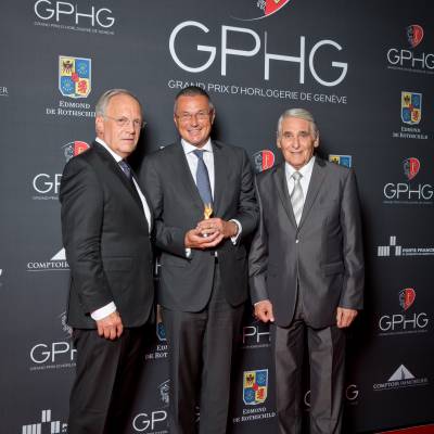 Johann Schneider-Ammann (Federal councillor), Jean-Christophe Babin (CEO of Bulgari, winner of the Jewellery Watch Prize 2014) and Carlo Lamprecht (President of the Foundation of the GPHG)