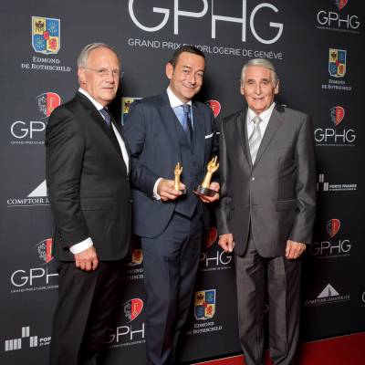  Johann Schneider-Ammann (Federal councillor), Jean-Charles Zufferey (Vice-president of Breguet, winner of the « Aiguille d’Or » Grand Prix 2014) and Carlo Lamprecht (President of the Foundation of the GPHG)
