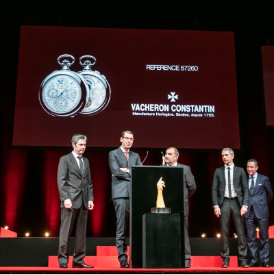 Micke Pintus, Yannick Pintus, Jean-Luc Perrin (watchmakers of Vacheron Constantin), pictured with Christian Selmoni (Artistic director of Vacheron Constantin, winner of the Special Jury Prize) and Aurel Bacs (President of the jury) 