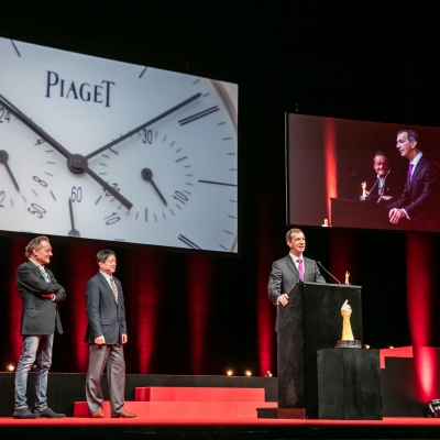 Philippe Léopold-Metzger (CEO of Piaget, winner of the Chronograph Watch Prize 2015 and the Revival Watch Prize 2015), with Philippe Maillard and Zhixiang Ding (jury members)