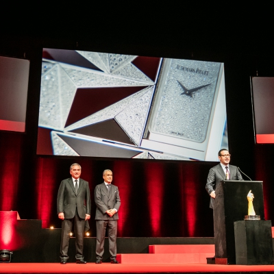 François Bennahmias (CEO of Audemars Piguet, winner of the Jewellery Watch Prize 2015) with Claude Sfeir and Abdul Hamied Seddiqi (jury members)