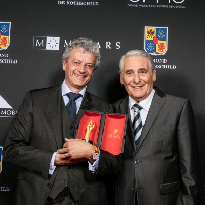 Lionel a Marca (Vice President, Head of Technical and Development Management de Blancpain, winner of the Artistic Crafts Watch Prize 2015) with Carlo Lamprecht (President of the Foundation of the GPHG)