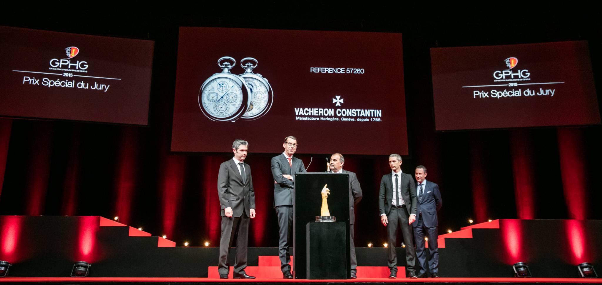 Micke Pintus, Yannick Pintus, Jean-Luc Perrin (watchmakers of Vacheron Constantin), pictured with Christian Selmoni (Artistic director of Vacheron Constantin, winner of the Special Jury Prize) and Aurel Bacs (President of the jury)